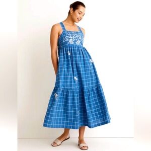 MADEWELL Embroidered Cicely Tiered Midi Dress in Plaid